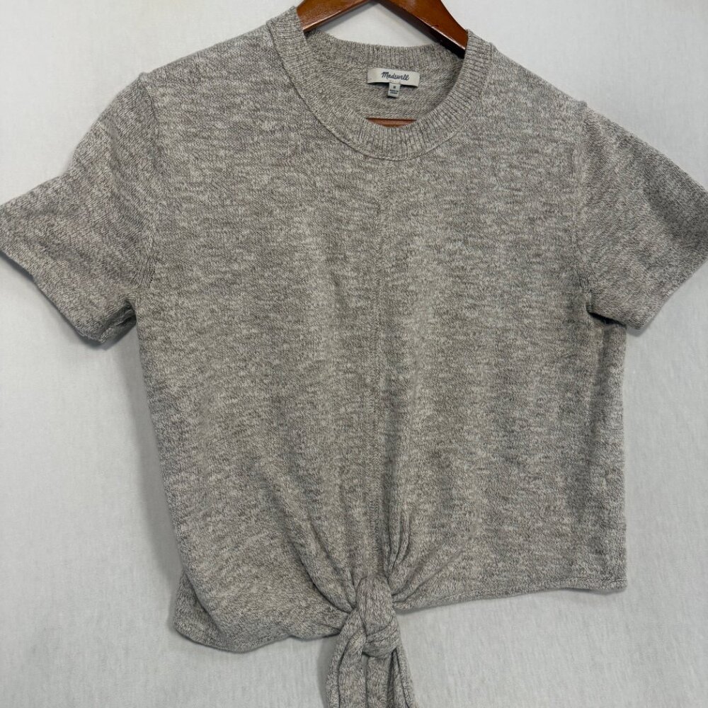 Madewell Tie-Front Short Sleeve Sweater Tee 100% Cotton Marled Beige Medium M - Picture 4 of 8